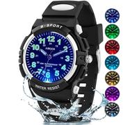 Juboos Neue 7-Farbige Kinderuhren, Kinderuhr Jungen Mädchen Analog Quartz Uhr mit Armbanduhr Kautschuk Wasserdicht Outdoor Sports Uhren 5-16 (Schwarz)