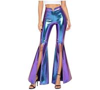 Jugaoge Damen Ausgestellt Lackleder Hose mit Schlitz Metallic Schlaghose Hohe Taille Jazz Pants Retro Disco Tanzhose Gogo Outfits Clubwear Blau S