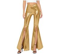 Jugaoge Damen Ausgestellt Lackleder Hose mit Schlitz Metallic Schlaghose Hohe Taille Jazz Pants Retro Disco Tanzhose Gogo Outfits Clubwear Gold 3XL