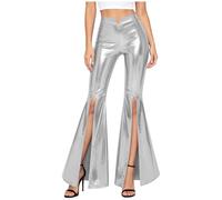 Jugaoge Damen Ausgestellt Lackleder Hose mit Schlitz Metallic Schlaghose Hohe Taille Jazz Pants Retro Disco Tanzhose Gogo Outfits Clubwear Silber XL