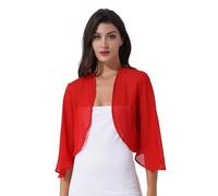 Jugaoge Damen Eleganter Bolero aus Chiffon Strickjacke 3/4 Ärmel Festlich Schulterjacke Kurz Cardigan Basic Einfarbig Jäckchen für Hochzeit Party Rot M