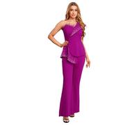 Jugaoge Damen Glitzer Jumpsuit Overalls mit Rüschen Ein Schulter Body Slim Fit Bodycon Ganzkörperanzug Business Kostüm Büro OL Outfits Lila L