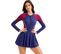Jugaoge Damen Langarm Rash Guard Badeanzug mit Rock Schwimmanzug Sommer UV Schutz Einteilige Bademode Zipper Front Strandmode Marineblau Rot XXL