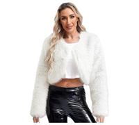 Jugaoge Damen Modische Kunstpelz Bolero Kurze Langarm Cropped Top Flauschige Jacke Open Front Komplett Gefüttert Kurze Strickjacke Cardigen Outerwear Weiß S