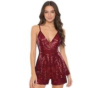 Jugaoge Damen Pailletten Body mit Bein Plisseerock Spaghettiträger Tiefer V Ausschnitt Rückenfrei Top Oberteil und Slim Fit Jumpsuit Cocktail Party Outfits Burgund S