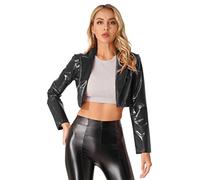 Jugaoge Damen Wetlook Bolero Kurz Vorne Offen Lack Leder Cardigen Strickjacke Bauchfrei Crop Top Jacke mit Revers Kragen Herbst Winter Oberbekleidung Schwarz M