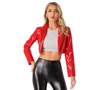 Jugaoge Damen Wetlook Bolero Kurz Vorne Offen Lack Leder Cardigen Strickjacke Bauchfrei Crop Top Jacke mit Revers Kragen Herbst Winter Oberbekleidung Rot L
