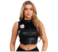 Jugaoge Damen Wetlook Crop Top Ärmellose Lack Leder Shirts Rollkragen Unterhemd Kurz Bauchfrei Tanktop Sport Oberteil Disco Outfits Clubwear Typ A Schwarz M