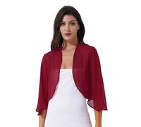 Jugaoge Eleganter Damen Bolero aus Chiffon Strickjacke 3/4 Ärmel Kurz Festlich Schulterjacke Cardigan Basic Einfarbig Jäckchen für Hochzeit Party Burgundy S