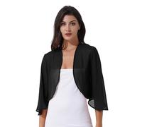 Jugaoge Eleganter Damen Bolero aus Chiffon Strickjacke 3/4 Ärmel Kurz Festlich Schulterjacke Cardigan Basic Einfarbig Jäckchen für Hochzeit Party Schwarz S