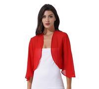 Jugaoge Eleganter Damen Bolero aus Chiffon Strickjacke 3/4 Ärmel Kurz Festlich Schulterjacke Cardigan Basic Einfarbig Jäckchen für Hochzeit Party Rot XXL