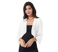 Jugaoge Eleganter Damen Bolero aus Chiffon Strickjacke 3/4 Ärmel Kurz Festlich Schulterjacke Cardigan Basic Einfarbig Jäckchen für Hochzeit Party Elfenbein M