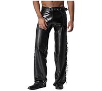 Jugaoge Herren Lack Leder Chino Cargo Hose Ouvert Weites Bein Baggy Pants mit Gürtel Schnalle Fransen Saum Freizeithose Motorrad Biker Outfits Clubwear Schwarz L