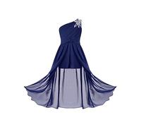 Jugaoge Mädchen EIN-Schulter Jumpsuit Kleid Pailletten Plissee Top und Swing Rock mit Schlitz Kinder Tanzkleid Hochzeit Geburtstag Bekleidung Navy blau 146-152