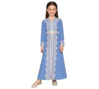 Jugaoge Mädchen Langarm Muslim Kleid Kaftan Islamisch Dubai Robe Tunika Loose Fit Freizeitkleid Einfarbig Lace Midikleider Frühling Herbst Winter Outfits Hellblau 116-122