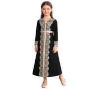 Jugaoge Mädchen Langarm Muslim Kleid Kaftan Islamisch Dubai Robe Tunika Loose Fit Freizeitkleid Einfarbig Lace Midikleider Frühling Herbst Winter Outfits Schwarz 152-158