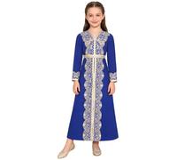 Jugaoge Mädchen Langarm Muslim Kleid Kaftan Islamisch Dubai Robe Tunika Loose Fit Freizeitkleid Einfarbig Lace Midikleider Frühling Herbst Winter Outfits Blau 152-158