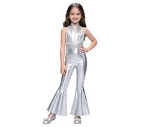 Jugaoge Mädchen Slim Fit Jumpsuit Ärmellos Lack Leder Overall Neckholder Gerafft Leotard für Disco Hippie Body mit Lange Hose Bell Bottom Pants Silber 170