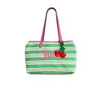 Juicy Couture Juicy Paradise Gestreifte Schultertasche, Retro, Segeltuch, Handtasche mit Herzanhänger, Doppelriemen, 40,6 x 24,1 cm (Paradise Stripe Green Pink)