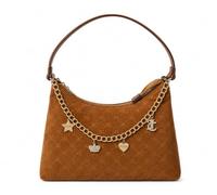 Juicy Couture Not Your Babe Hobo-Schultertasche mit goldfarbener Charm-Kette, geprägtes Logo, Reißverschluss, Designer-Handtasche, Zimt, Medium, Klassisch, trendig, elegant, lässig