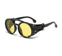 JUJNTNT Punk-Sonnenbrille für Damen und Herren, luxuriös, rund, Steampunk-Leder, Vintage, UV400 (gelb)