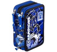 Julian Ross 3-Fach Federmäppchen für Jungen - 45-teilig komplett gefüllt - Schere, Kleber, Buntstiften - Fußball-Design Champions Schwarz Blau - ideal für Schule & als Geschenk