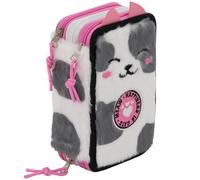 Julian Ross 3-Fach Federmäppchen Mädchen Gefüllt - 46 Teile Schulmäppchen Set Katze Plüsch - Federtasche mit 3 radierbaren Stiften, Filzstiften, Buntstiften, Kleber, Textmarker