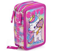 Julian Ross Mädchen 3-Fach Federmäppchen - 45-teilig, komplett gefüllt - mit Schere, Kleber, Buntstiften - Rosa & Lila - Einhorn-Motiv - Ideal für Schule & als Geschenk