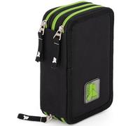 Julian Ross Stylische Kinder Federmäppchen 3-Fach gefüllt, 45-TLG., Schwarz und Grün, Radierbare Gelstifte, Filzstifte, Buntstifte, Schere, Kleber, Mit Reißverschlussfächern, Junge und Mädchen