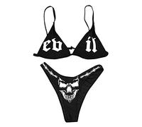 JUMISEE Damen-Bikini-Set mit Totenkopf-Buchstaben-Muster, Gothic-Bikini-Set, 2-teilig, hohe Taille, Bande, Totenkopf schwarz, Medium