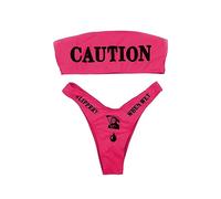 JUMISEE Damen-Bikini-Set mit Totenkopf-Buchstaben-Muster, Gothic-Bikini-Set, 2-teilig, hohe Taille, Bande, Knallpink (Hot Pink), S