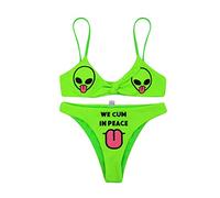 JUMISEE Damen-Bikini-Set mit Totenkopf-Buchstaben-Muster, Gothic-Bikini-Set, 2-teilig, hohe Taille, Bande, schwarz und grün, Medium