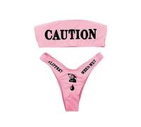 JUMISEE Damen-Bikini-Set mit Totenkopf-Buchstaben-Muster, Gothic-Bikini-Set, 2-teilig, hohe Taille, Bande, Pink, Medium