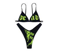 JUMISEE Damen-Bikini-Set mit Totenkopf-Buchstabenmuster, Gothic-Stil, 2-teilig, hohe Taille, Bandeau-Badeanzug, Grün , S