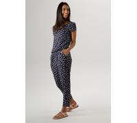 Jumpsuit ANISTON SELECTED, Damen, Gr. 44, N-Gr, blau (dunkelblau, weiß), Single Jersey, Obermaterial: 95% Viskose, 5% Elasthan, bedruckt, figurumspielend wadenlang, V-Ausschnitt, Overalls Jumpsuit, mi