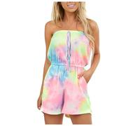 Jumpsuit Bandeau Overall Damen Blumen Ärmellos Playsuit Kurz Hosenanzug Romper Schulterfrei Boho Strampler Trägerloser Shorts Einteiler Hosenanzug Overall Strand Locker Lässig Frauen Sommer (Pink, XL)