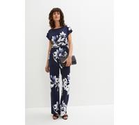 Jumpsuit BONPRIX "Jumpsuit mit Bindeband", Damen, Gr. 40/42 (M), N-Gr, blau (dunkelblau, weiß geblümt), Obermaterial: 95% Polyester, 5% Elasthan, bequem, Overalls Jumpsuit, Jumpsuit mit Bindeband (125