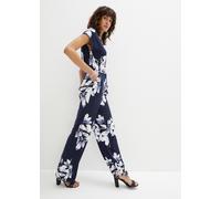 Jumpsuit BONPRIX "Jumpsuit mit Bindeband", Damen, Gr. 56/58 (XXXL), N-Gr, blau (dunkelblau, weiß geblümt), Obermaterial: 95% Polyester, 5% Elasthan, bequem, Overalls Jumpsuit, für eleganten Look, mit