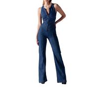 Jumpsuit Damen 3/4 Arm - Frauen Mode Playsuits Overall Denim Täglichen Hohe Taille Ärmellos Zurück Herz Muster frauen Overall Ganzkörperstrumpfhose