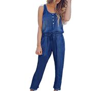 Jumpsuit Damen, Damen Jeans Overall Ärmellos Einteiler Mit Knopfle & Taschen Elastische Taille Romper Elegant Denim Playsuit Sommer Lässige Casual Jeanslatzhose Loose Fit Strampler