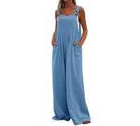Jumpsuit Damen, Damen Sommer Ärmellose Lange Overall Breite Weites Bein Overall Einfarbig Romper Mit Taschen Baumwolle Leinen Strampler Loose Fit Einteiler Sommerhose Baggy Playsuit