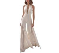 Jumpsuit Damen Elegant Ärmellos Playsuit Tiefem V-Ausschnitt Hochzeit Festlich Hosenanzug Unique Mit Spitze Lang Romper Breites Bein Hosen Partei Abendmode (Weiß,L)