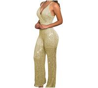 Jumpsuit Damen Elegant | Festliches Jumpsuit | Party Jumpsuit | Glitzer Jumpsuit | Playsuit | Hosenanzug | Romper | Pailletten-Overall | V-Ausschnitt | Ärmellos | Damen Ärmellos Einteiler Overall