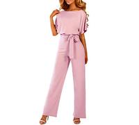Jumpsuit Damen Elegant für Hochzeit - Hosenanzug Damen Festlich Overall Damen Sommer Kurzarm mit Gürtelbindung Rundhals Einteiliger Hose Straight Weites Bein Playsuit Romper Jumpsuits Frauen