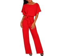 Jumpsuit Damen Elegant für Hochzeit Hosenanzug Damen Festlich Overall Damen Sommer Kurzarm mit Gürtelbindung Rundhals Einteiliger Hose Straight Weites Bein Playsuit Romper Jumpsuits für Frauen