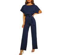 Jumpsuit Damen Elegant für Hochzeit - Hosenanzug Damen Festlich Overall Sommer Kurzarm mit Gürtelbindung Rundhals Einteiliger Hose Straight Weites Bein Playsuit Romper Jumpsuits für Frauen