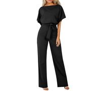 jumpsuit damen elegant für hochzeit Kurzarm Rundhalsausschnitt Overall Hosenanzug für Hochzeit Festlich Romper Weites Bein Playsuit mit Gürtel Black S