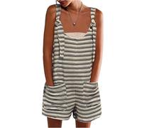 Jumpsuit Damen Elegant Gestreiftes U-Ausschnitt Verstellbare Spagettiträger Ärmellos Latzhose mit Taschen Sommer Freizeit Locker Kurz Overalls Gerades Bein Playsuit Romper Hosenanzug Trägerhose