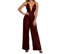 Jumpsuit Damen elegant, Glitzer Jumpsuit Damen Ärmellos Clubwear Pailletten Elegant Hosenanzug Romper Sexy Hohe Taille Strampler Bodycon V-Ausschnitt Lang Playsuits Einteiler Party, Wein, L