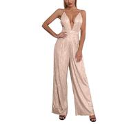Jumpsuit Damen elegant, Glitzer Jumpsuit Damen Ärmellos Clubwear Pailletten Elegant Hosenanzug Romper Sexy Hohe Taille Strampler Bodycon V-Ausschnitt Lang Playsuits Einteiler Party, Roségold, L